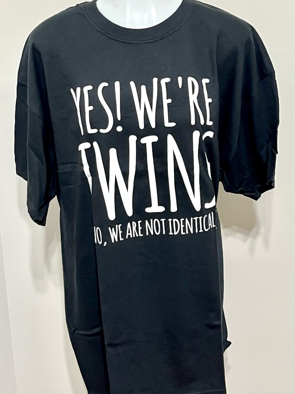 Handmade Gildan Black Short Sleeve Tee with White 'Yes! We're Twins'
